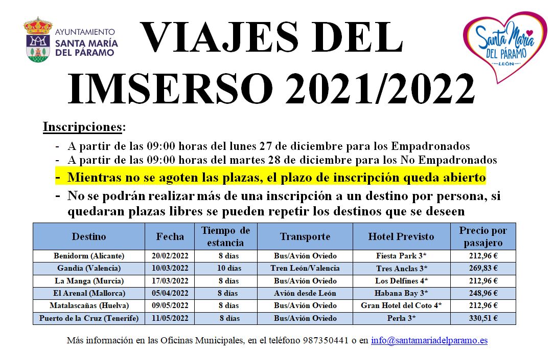 Vacante Detector Multa El lunes 27 de diciembre comienza el plazo de inscripción para los viajes  del IMSERSO 2022 | Santa María del Páramo